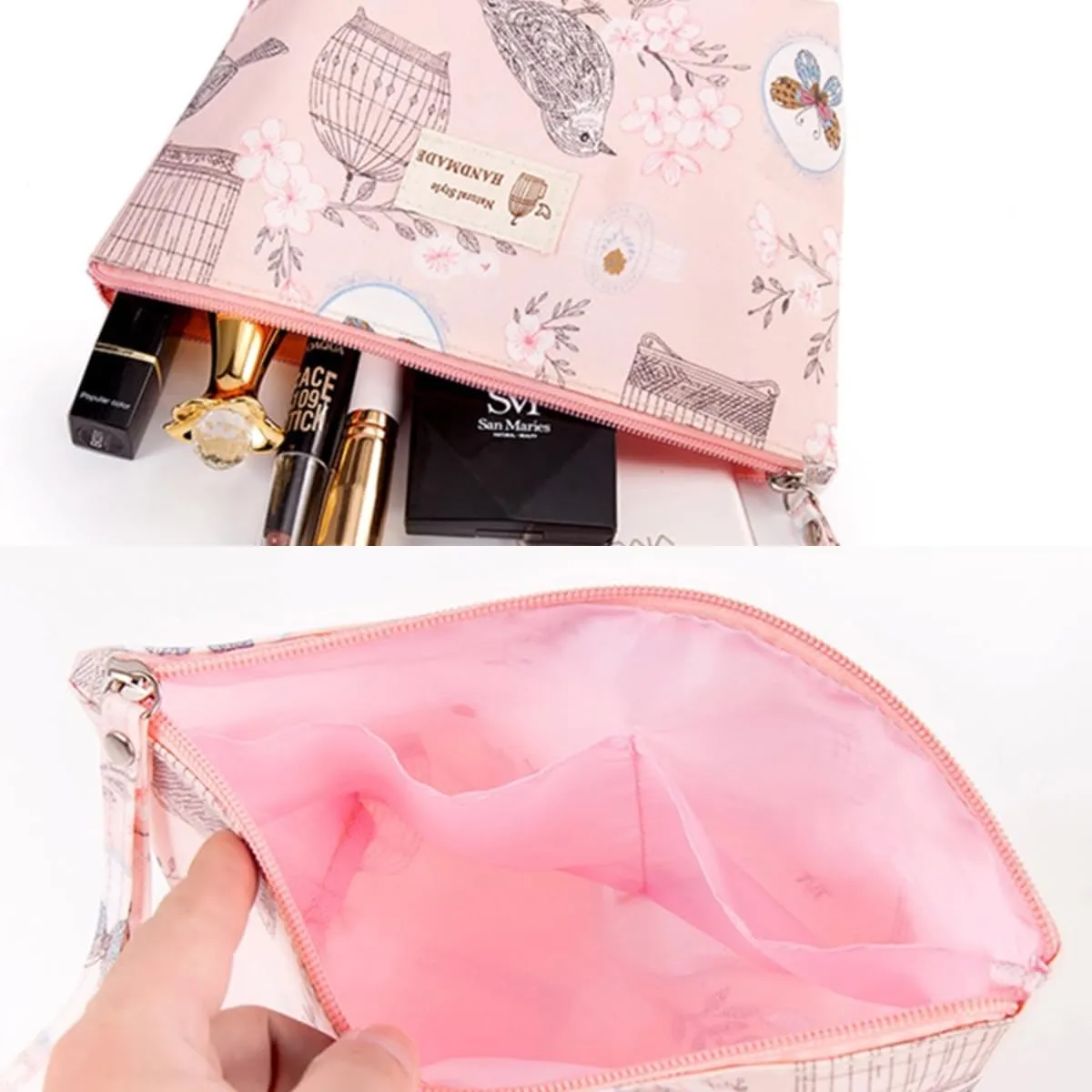 Makeup Bag for Purse Cosmetic Travel Bag: Portable Waterpoof Makeup Pouch Organizer Zipper Funny Bird Floral Make Up Bags Large Toiletry Purse for Women Girls Traveling, Pink