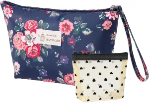 Makeup Bag for Purse Cosmetic Travel Bag: Portable Waterpoof Makeup Pouch Organizer Zipper Funny Floral Make Up Bags Large Toiletry Purse for Women Girls Traveling, Flower Navy