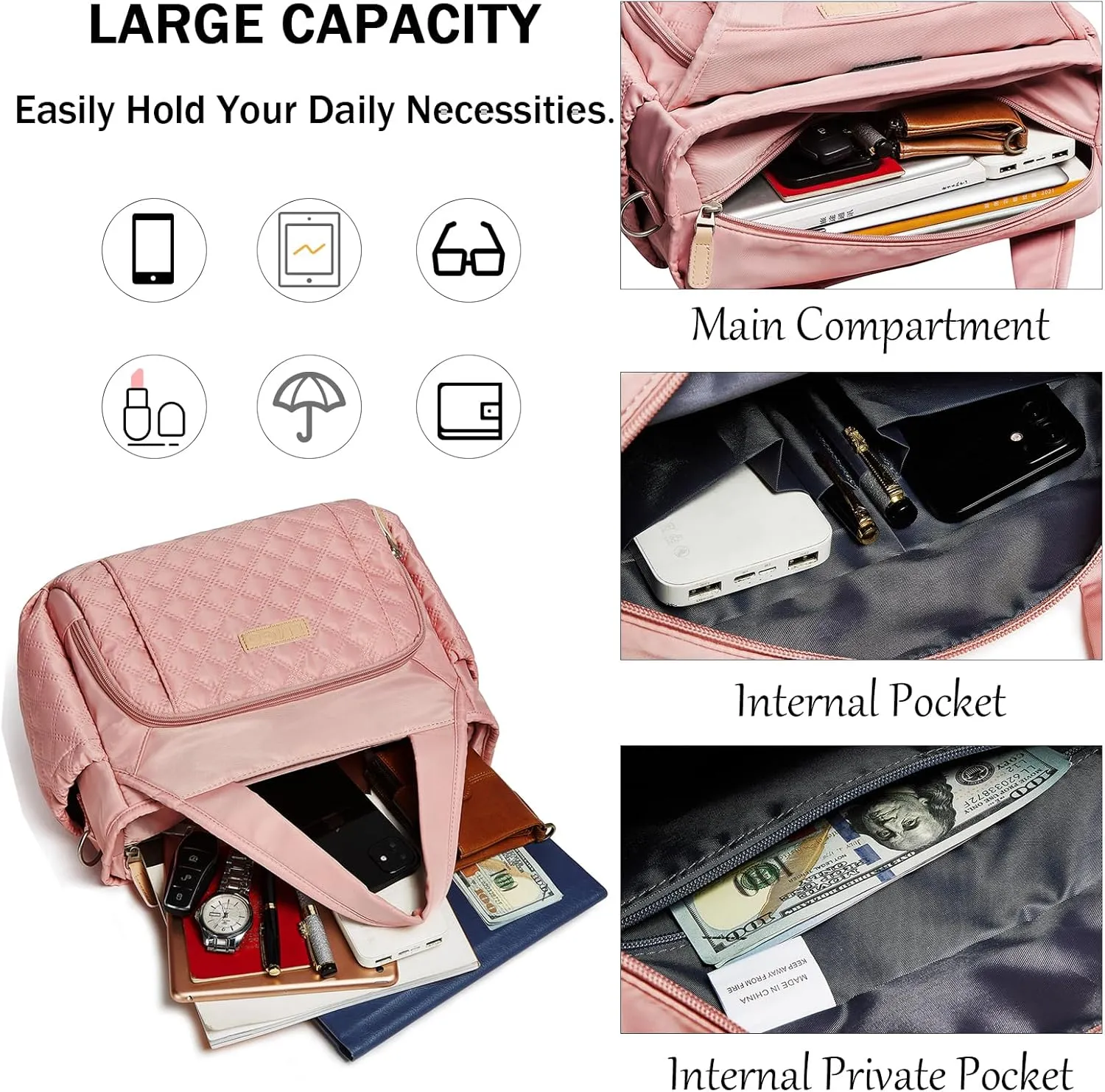 Medium Tote Bag for Women, Quilted Crossbody Shoulder Bags for Women with Zipper, Handbag Purse Top Handle Satchel