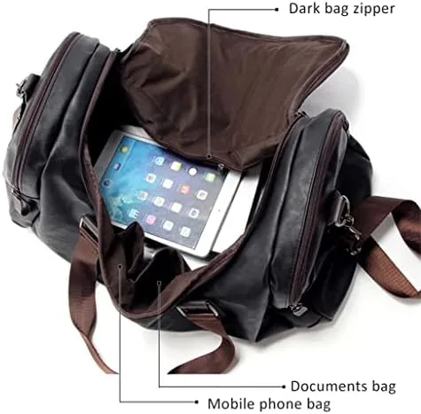 Men's Large PU Leather Sports Gym Bag Fitness Yoga Bag Luggage Handbag Travel Tote Bag (Black 49 * 22 * 25cm)