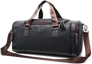 Men's Large PU Leather Sports Gym Bag Fitness Yoga Bag Luggage Handbag Travel Tote Bag (Black 49 * 22 * 25cm)