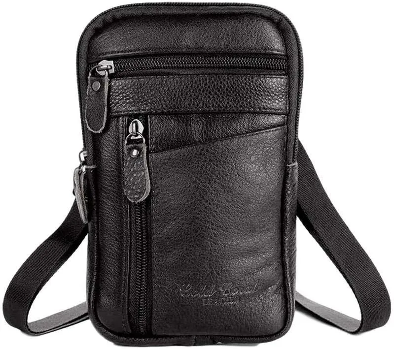 Men's Leather Handbag Bag Small Crossbody Shoulder Bags Phone Wallet Satchel Pocket Camping Casual Daypack-Black