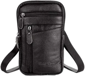 Men's Leather Handbag Bag Small Crossbody Shoulder Bags Phone Wallet Satchel Pocket Camping Casual Daypack-Black