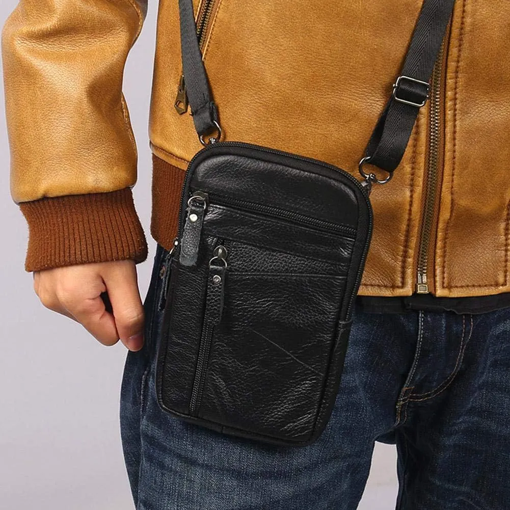 Men's Leather Handbag Bag Small Crossbody Shoulder Bags Phone Wallet Satchel Pocket Camping Casual Daypack-Black