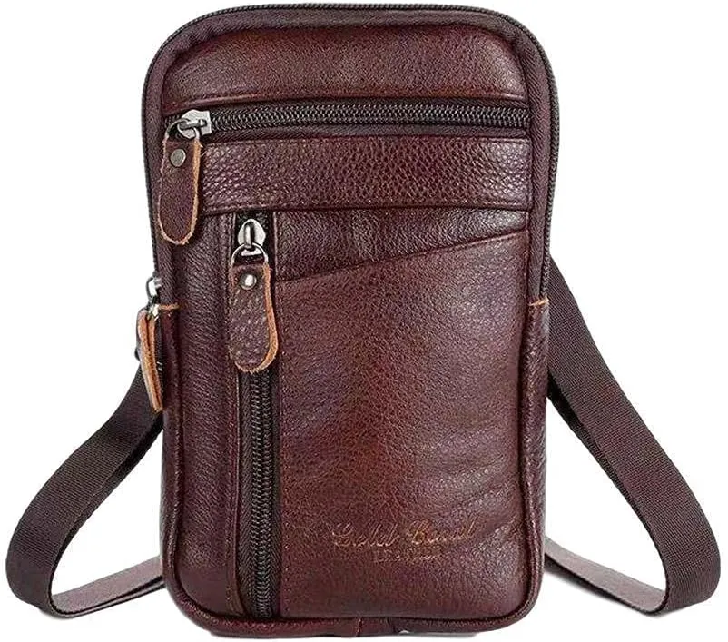 Men's Leather Handbag Bag Small Crossbody Shoulder Bags Phone Wallet Satchel Pocket Camping Casual Daypack-Brown