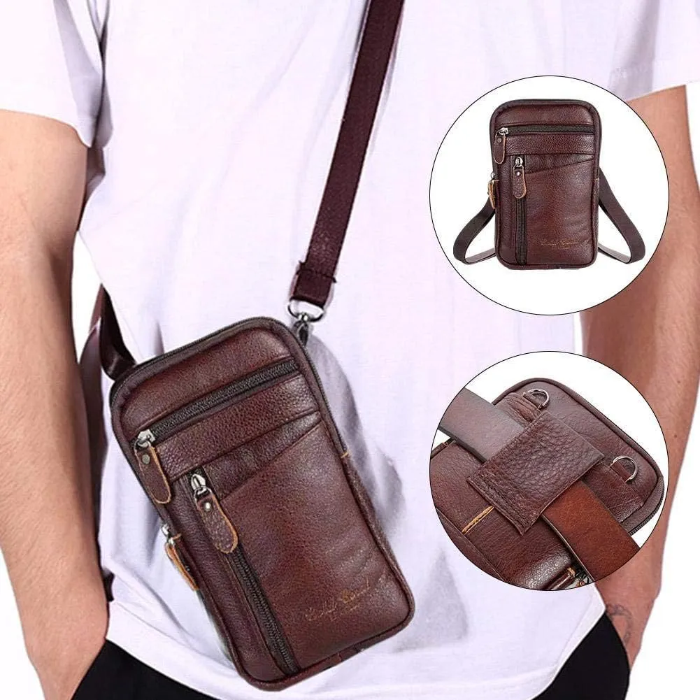 Men's Leather Handbag Bag Small Crossbody Shoulder Bags Phone Wallet Satchel Pocket Camping Casual Daypack-Brown