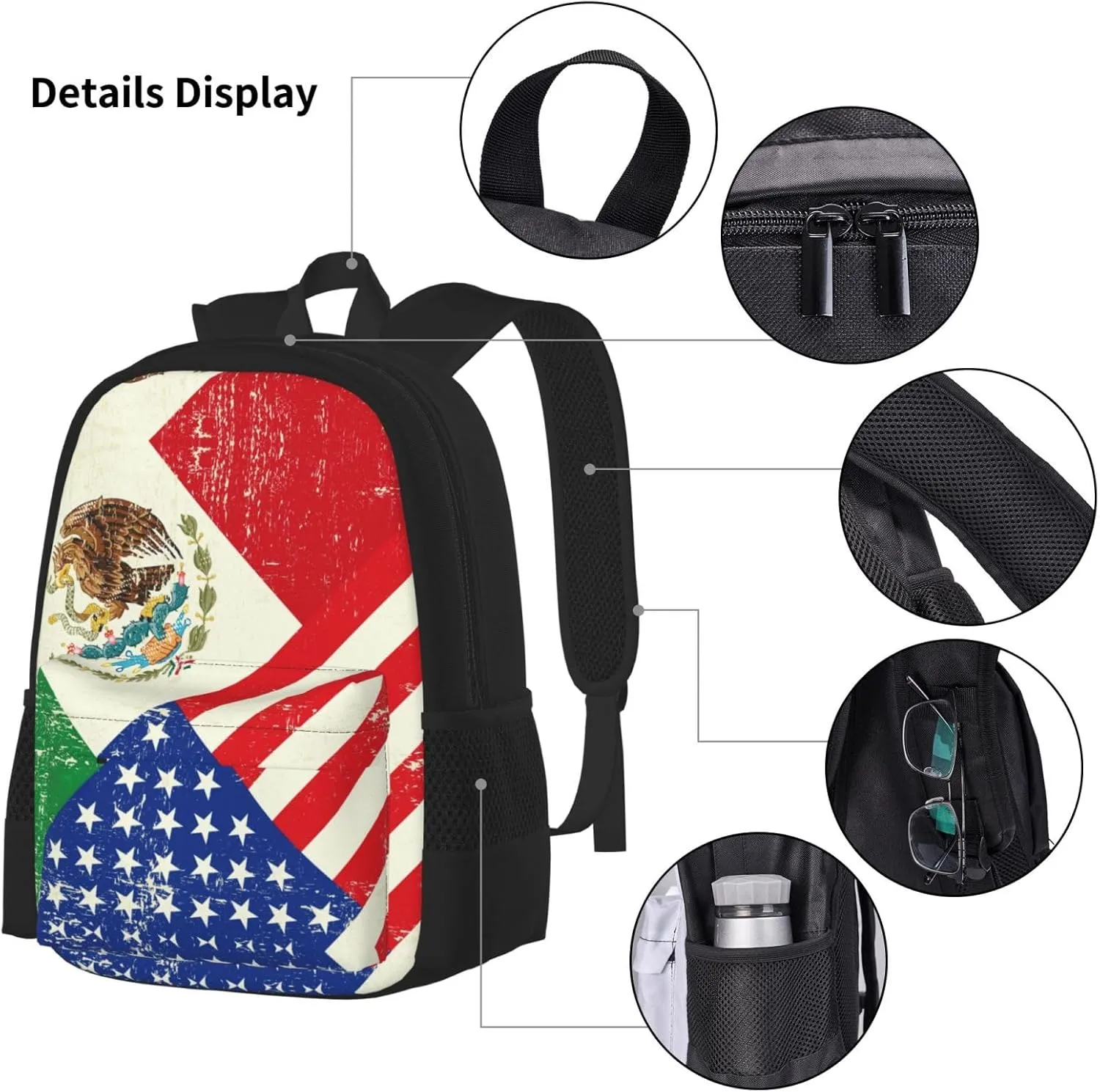 Mexican American Flag Print 3pcs Casual Backpack With Lunch Box Unisex Adjustable Backpack,Travel Laptop Backpack