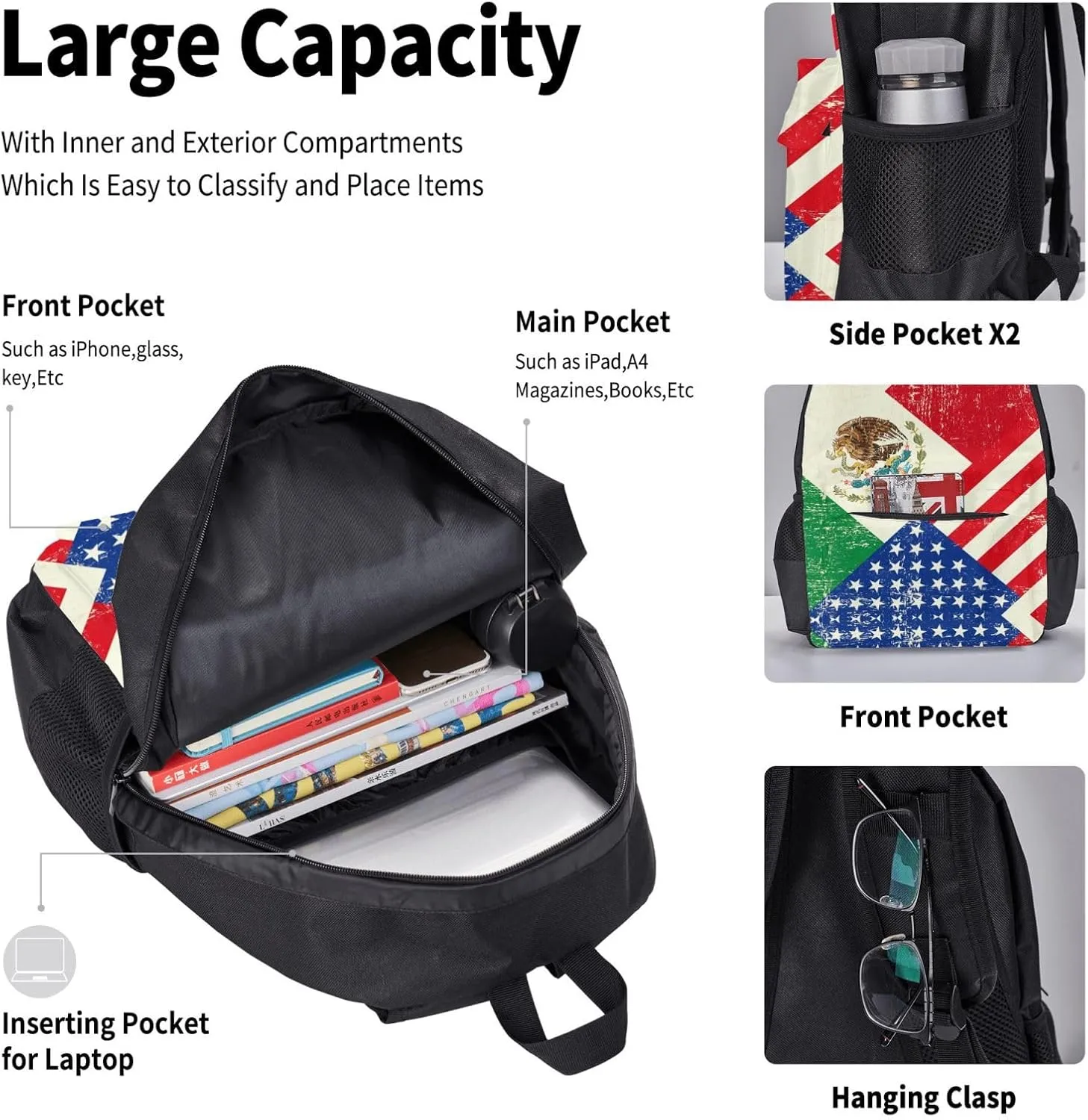 Mexican American Flag Print 3pcs Casual Backpack With Lunch Box Unisex Adjustable Backpack,Travel Laptop Backpack