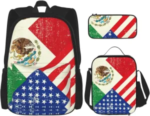 Mexican American Flag Print 3pcs Casual Backpack With Lunch Box Unisex Adjustable Backpack,Travel Laptop Backpack