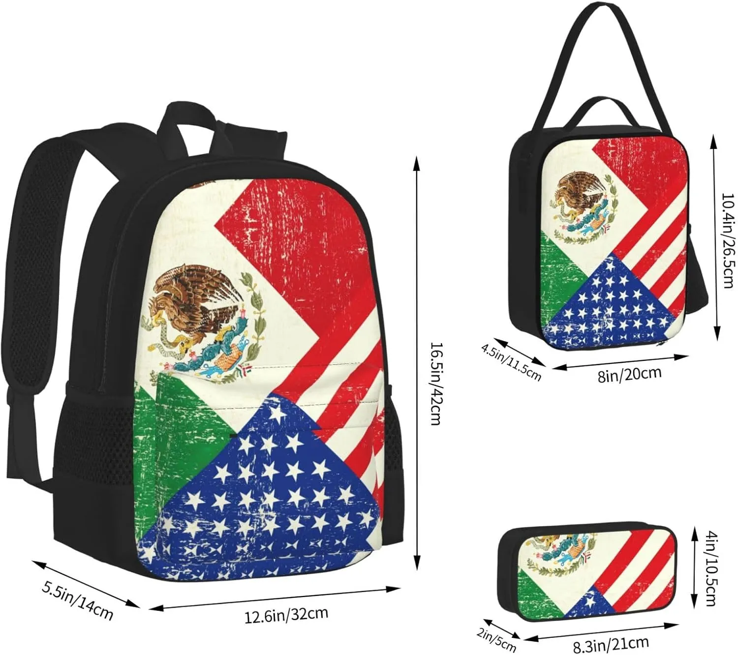 Mexican American Flag Print 3pcs Casual Backpack With Lunch Box Unisex Adjustable Backpack,Travel Laptop Backpack