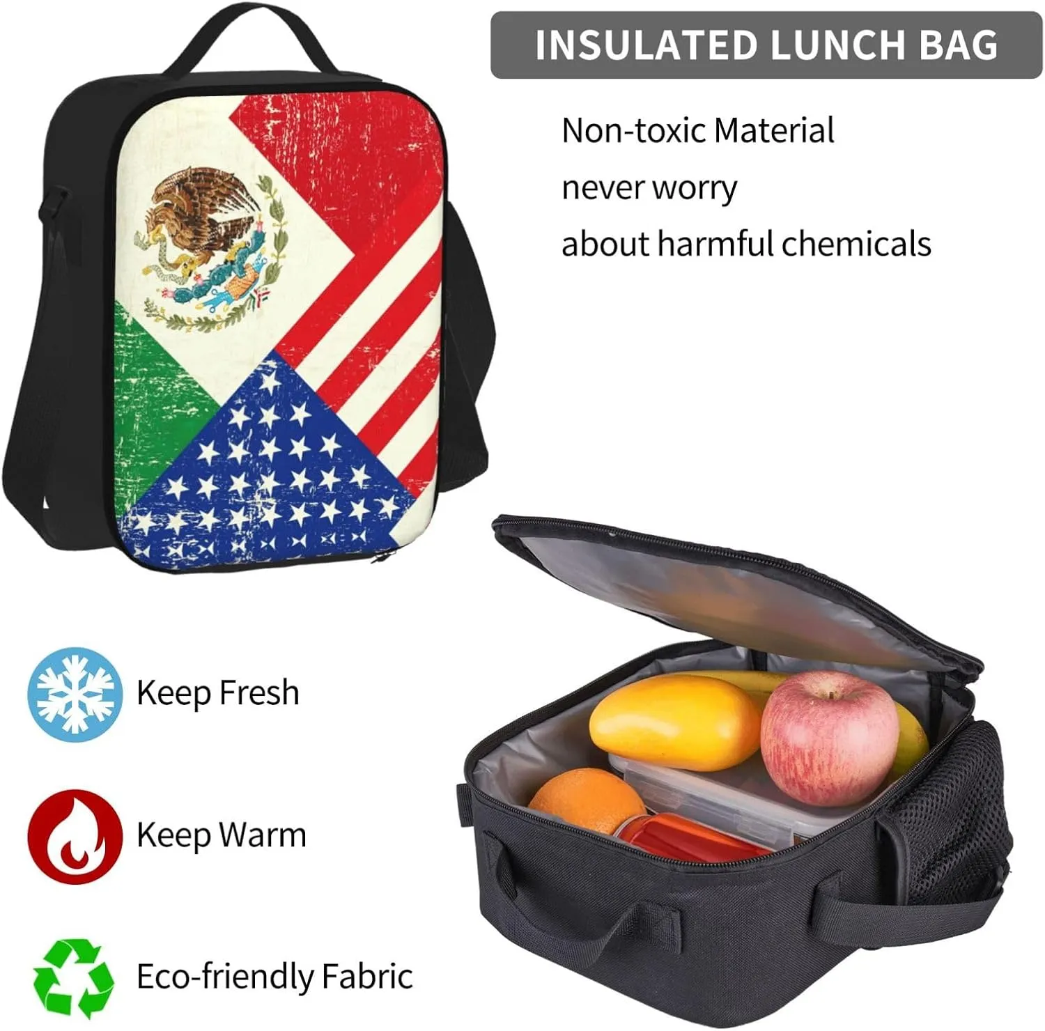 Mexican American Flag Print 3pcs Casual Backpack With Lunch Box Unisex Adjustable Backpack,Travel Laptop Backpack