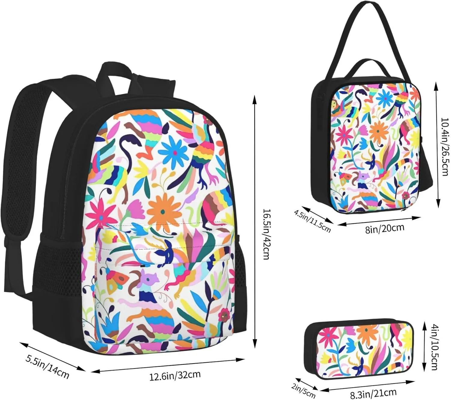 Mexican Otomi Animals Print 3pcs Casual Backpack With Lunch Box Unisex Adjustable Backpack,Travel Laptop Backpack