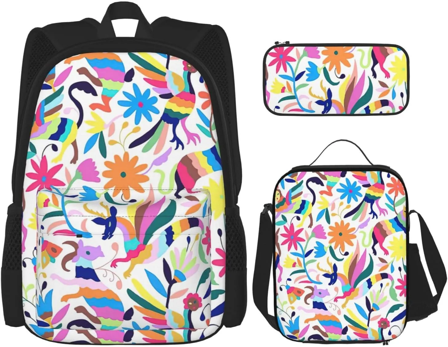 Mexican Otomi Animals Print 3pcs Casual Backpack With Lunch Box Unisex Adjustable Backpack,Travel Laptop Backpack