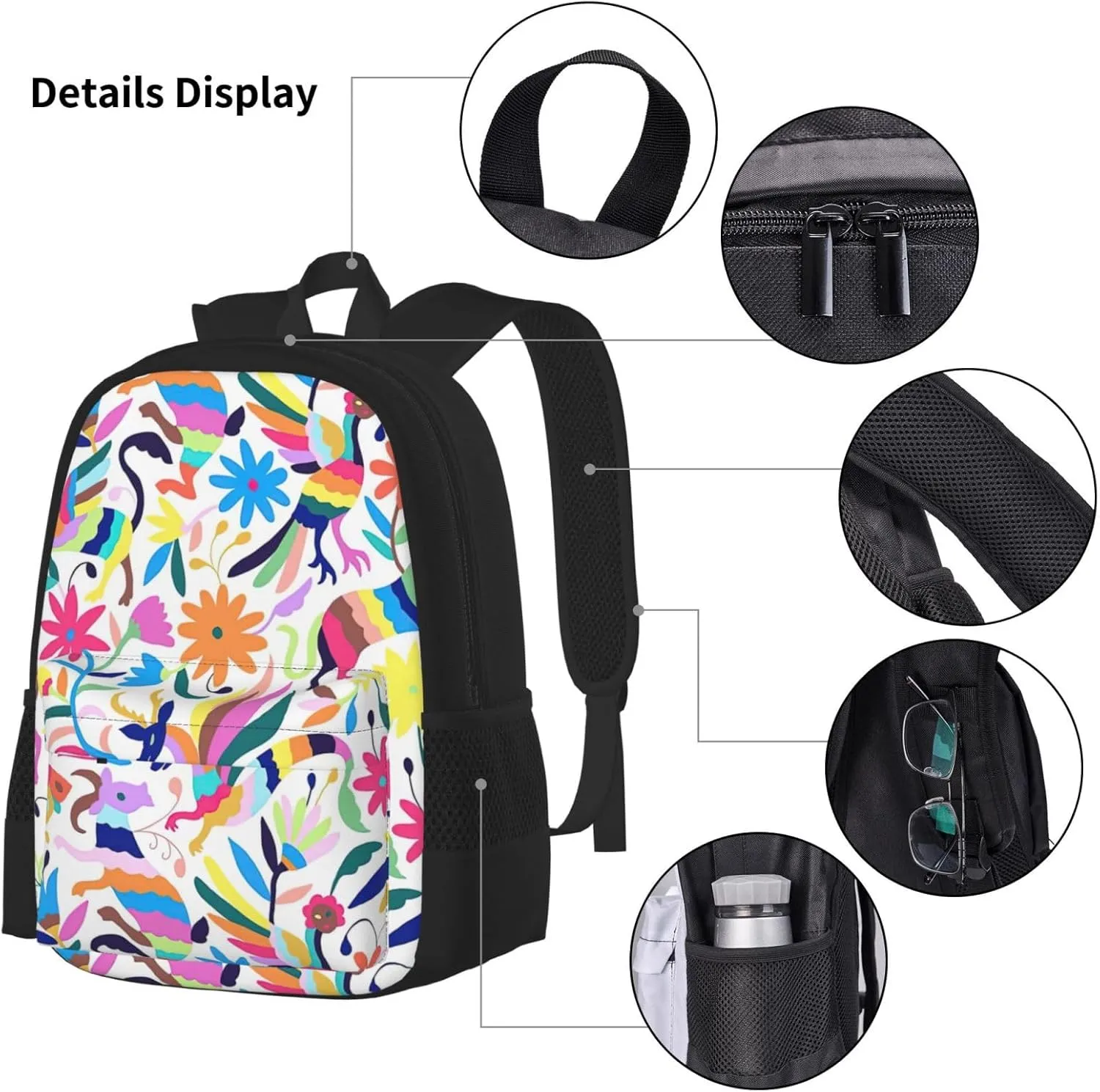 Mexican Otomi Animals Print 3pcs Casual Backpack With Lunch Box Unisex Adjustable Backpack,Travel Laptop Backpack