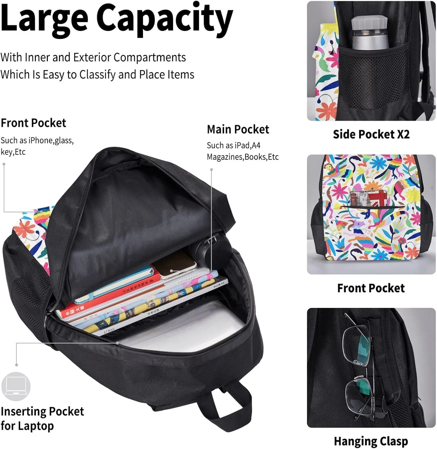 Mexican Otomi Animals Print 3pcs Casual Backpack With Lunch Box Unisex Adjustable Backpack,Travel Laptop Backpack