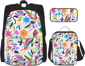 Mexican Otomi Animals Print 3pcs Casual Backpack With Lunch Box Unisex Adjustable Backpack,Travel Laptop Backpack