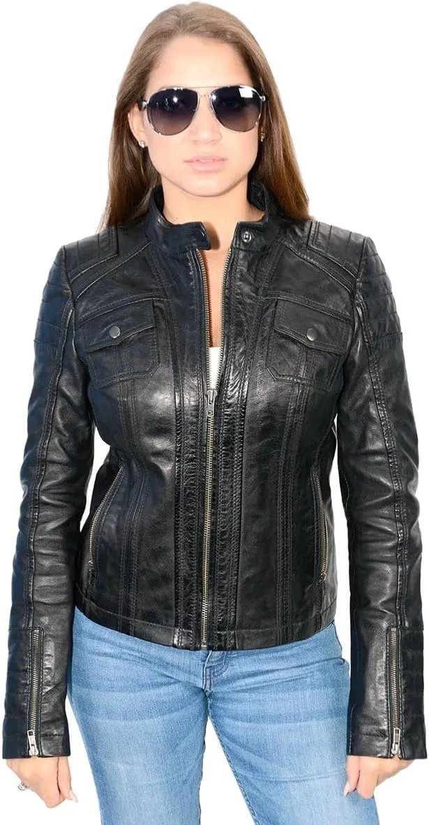 Milwaukee Leather SFL2805 Women's Black Quilted Mandarin Collar Fashion Casual Motorcycle Leather Jacket