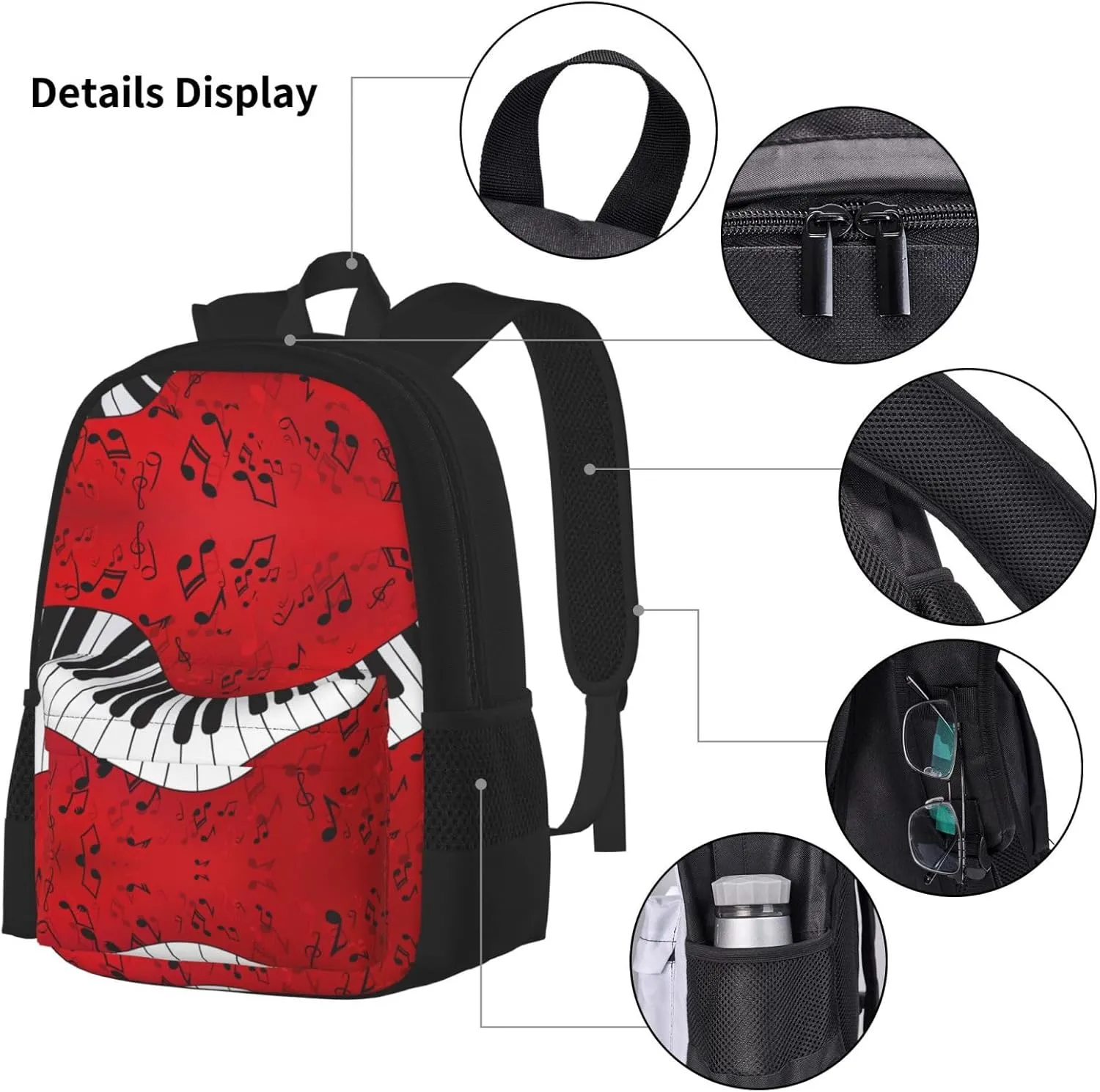 Music Note Piano Print 3pcs Casual Backpack With Lunch Box Unisex Adjustable Backpack,Travel Laptop Backpack