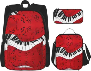 Music Note Piano Print 3pcs Casual Backpack With Lunch Box Unisex Adjustable Backpack,Travel Laptop Backpack