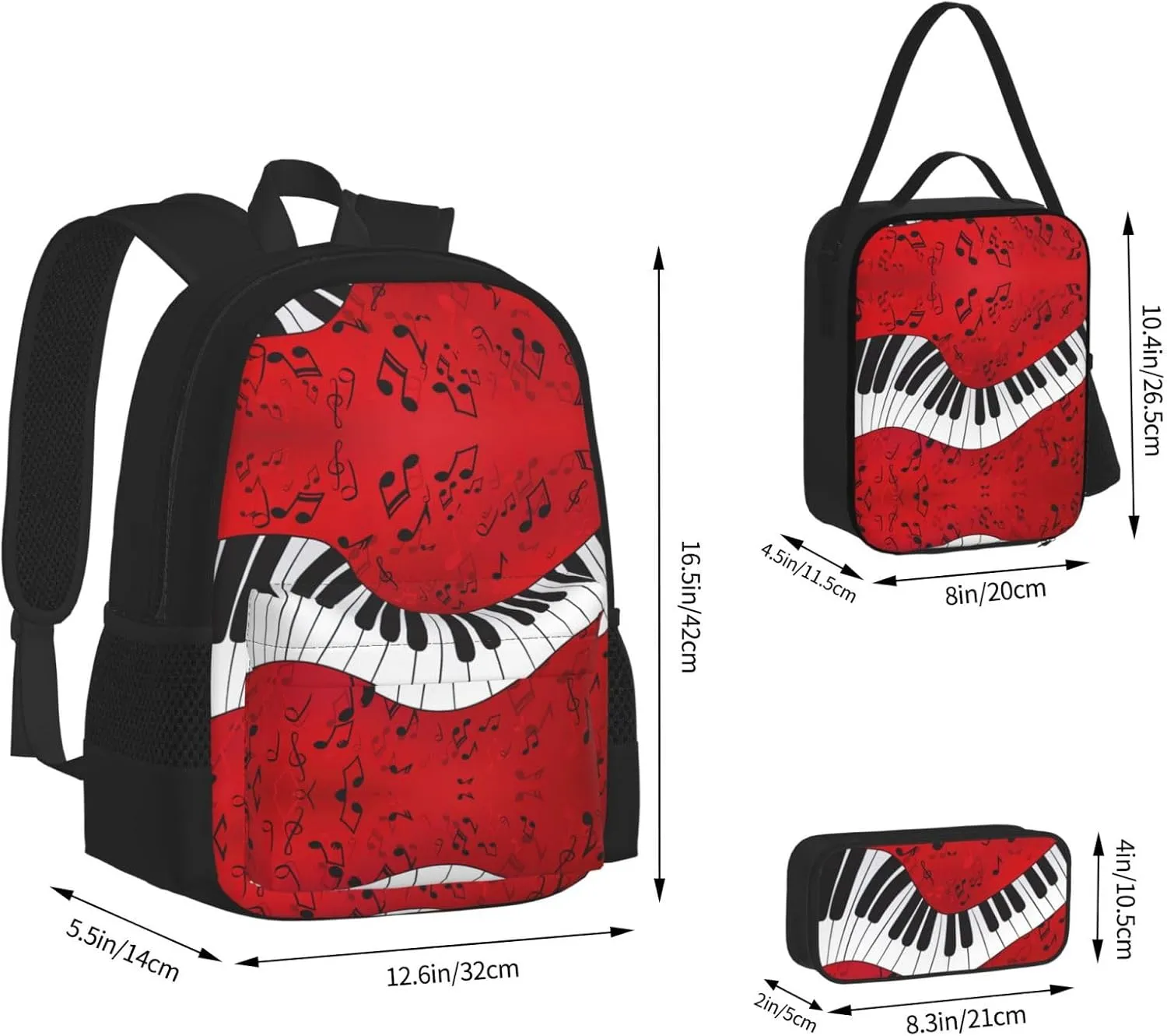 Music Note Piano Print 3pcs Casual Backpack With Lunch Box Unisex Adjustable Backpack,Travel Laptop Backpack