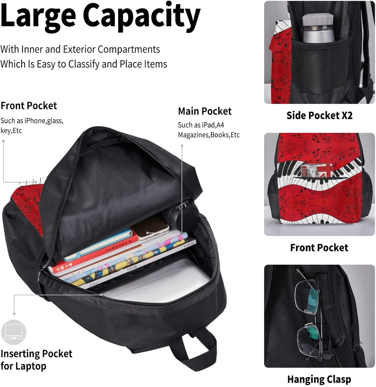 Music Note Piano Print 3pcs Casual Backpack With Lunch Box Unisex Adjustable Backpack,Travel Laptop Backpack