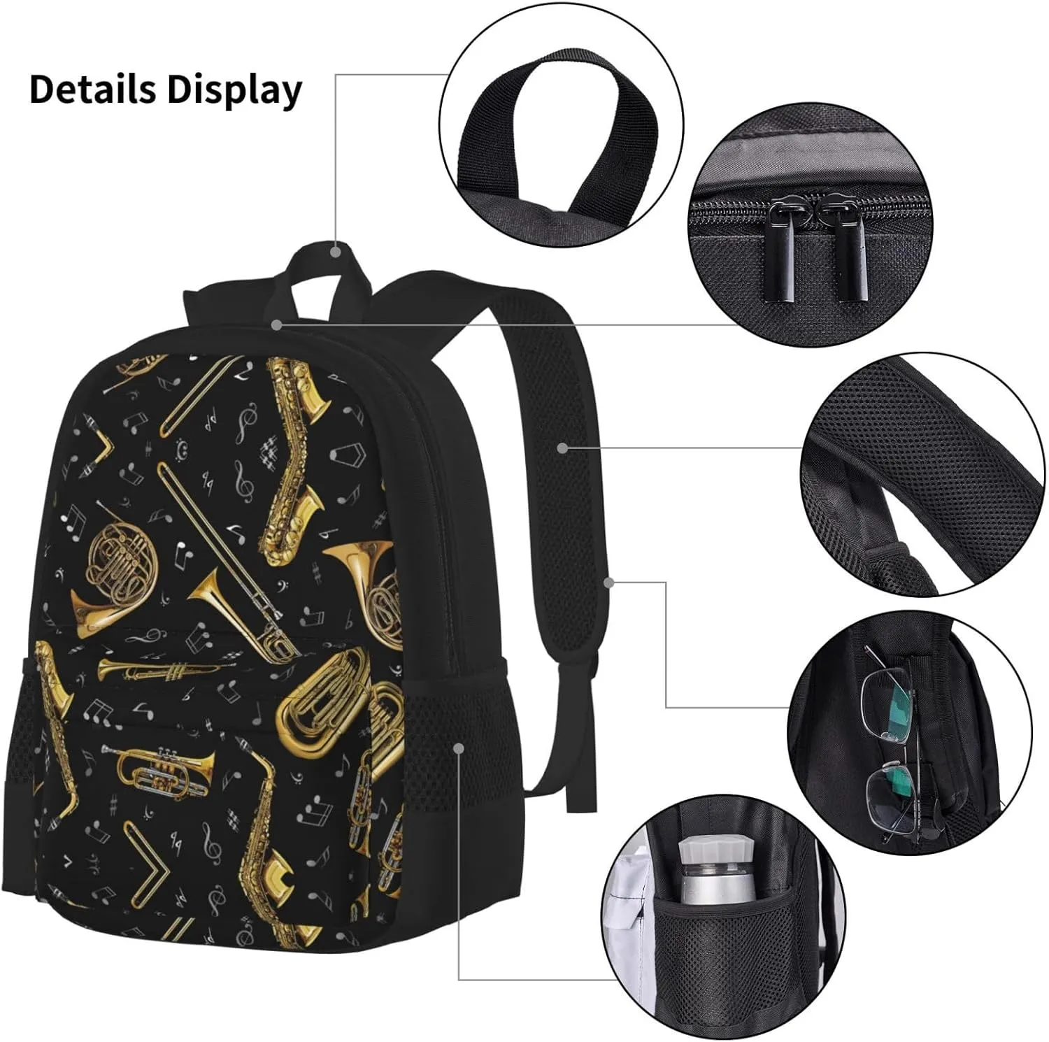 Musical Instruments Print 3pcs Casual Backpack With Lunch Box Unisex Adjustable Backpack,Travel Laptop Backpack