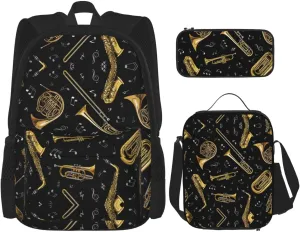 Musical Instruments Print 3pcs Casual Backpack With Lunch Box Unisex Adjustable Backpack,Travel Laptop Backpack