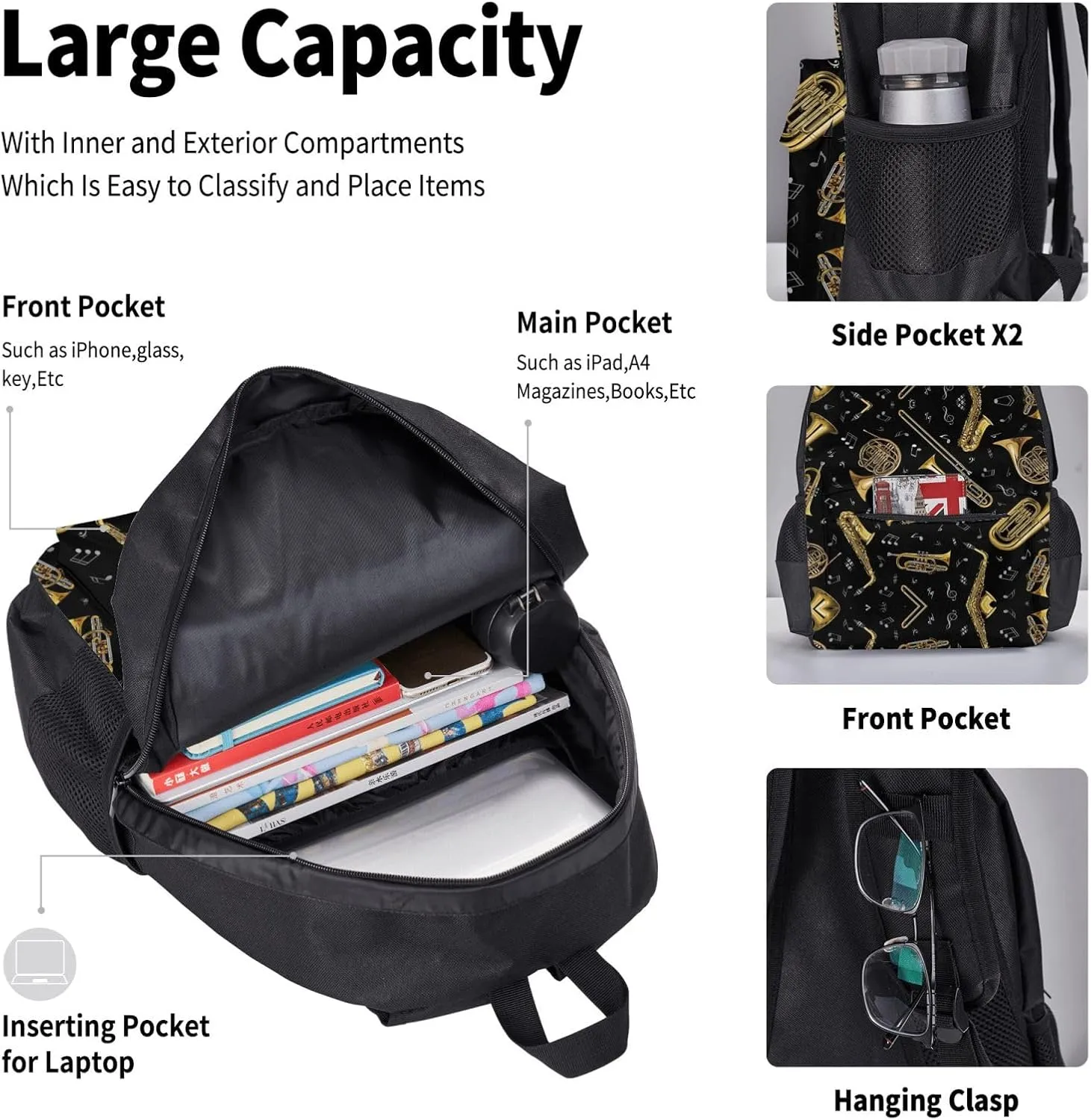 Musical Instruments Print 3pcs Casual Backpack With Lunch Box Unisex Adjustable Backpack,Travel Laptop Backpack