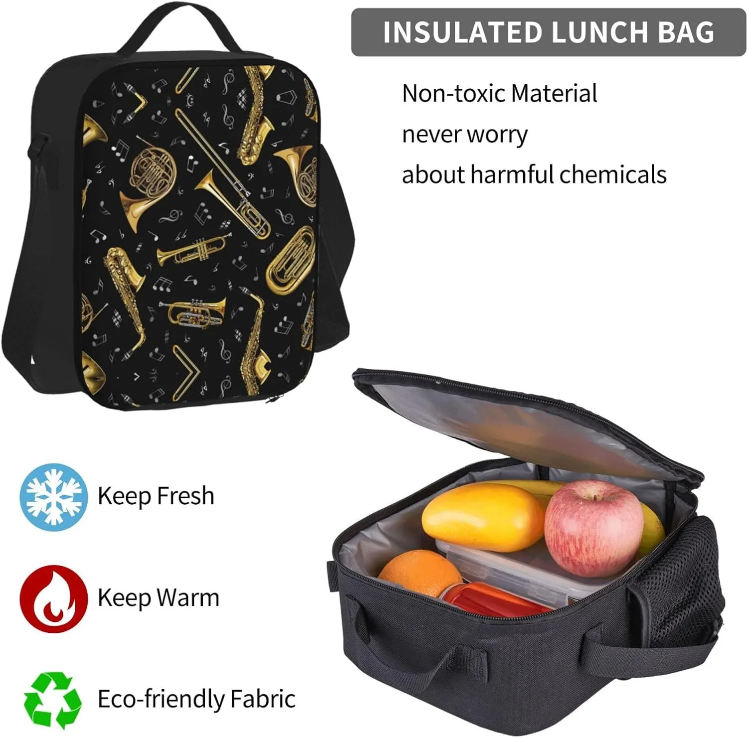 Musical Instruments Print 3pcs Casual Backpack With Lunch Box Unisex Adjustable Backpack,Travel Laptop Backpack