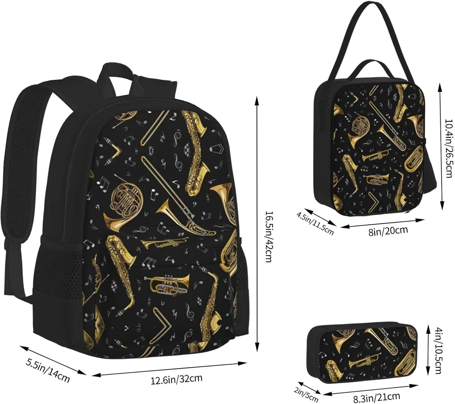 Musical Instruments Print 3pcs Casual Backpack With Lunch Box Unisex Adjustable Backpack,Travel Laptop Backpack