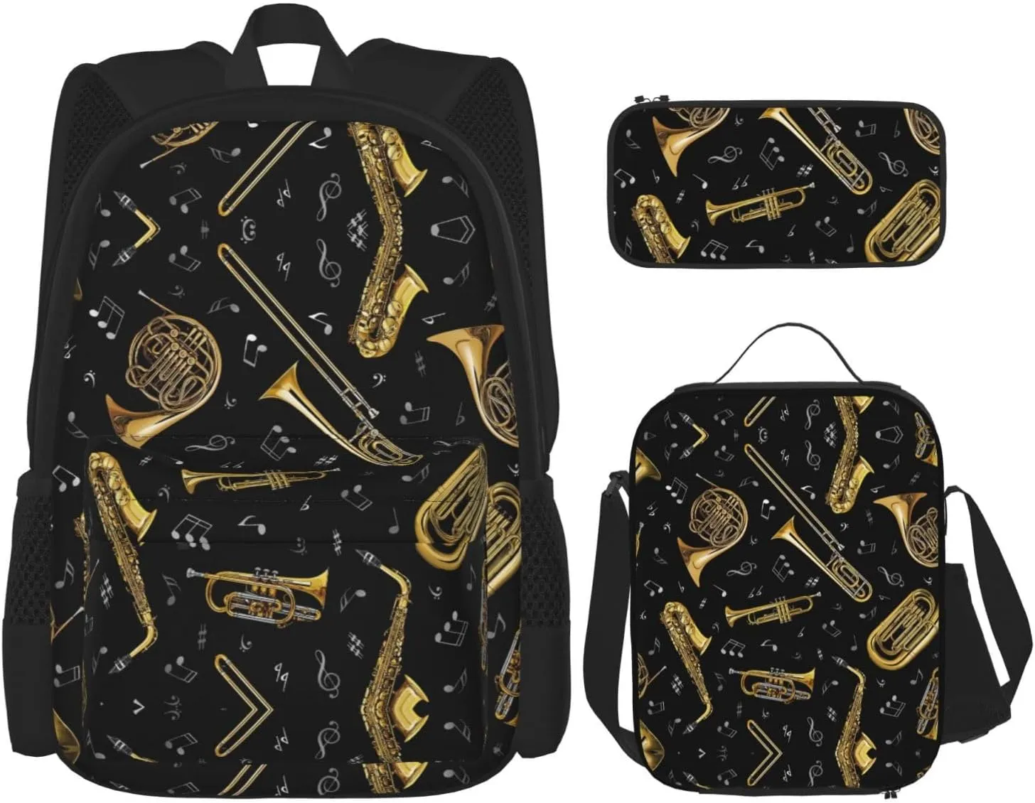 Musical Instruments Print 3pcs Casual Backpack With Lunch Box Unisex Adjustable Backpack,Travel Laptop Backpack
