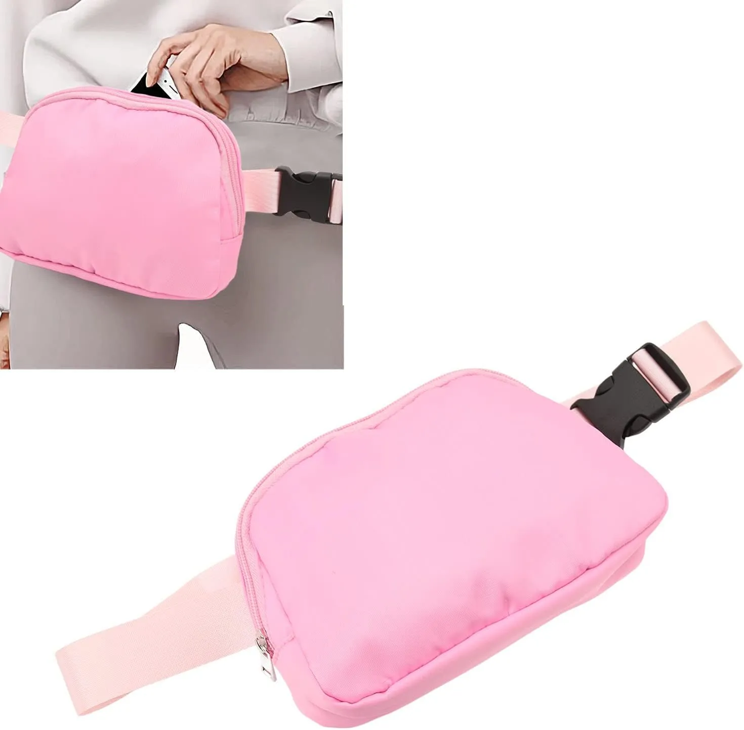 Nylon Fanny Pack Adjustable Belt Zipper Pockets Travel Waist Bag for Women (Pink)