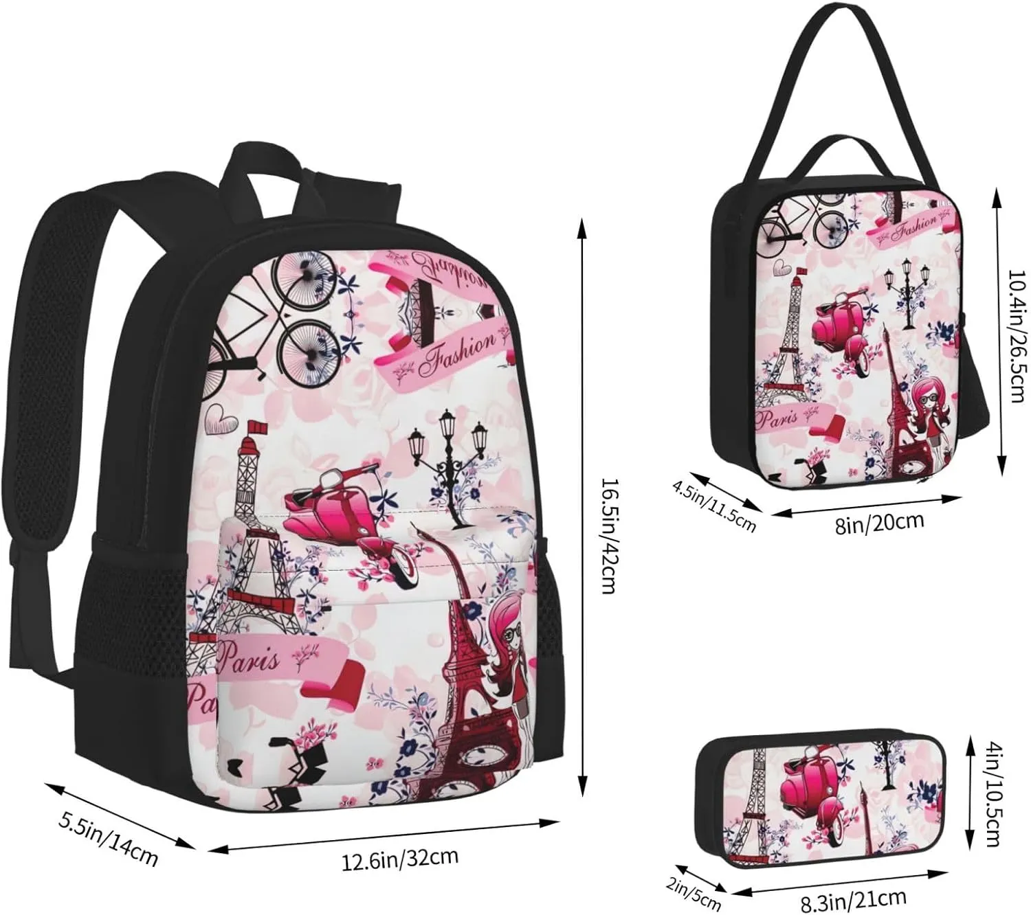 Paris Eiffel Tower France Print 3pcs Casual Backpack With Lunch Box Unisex Adjustable Backpack,Travel Laptop Backpack
