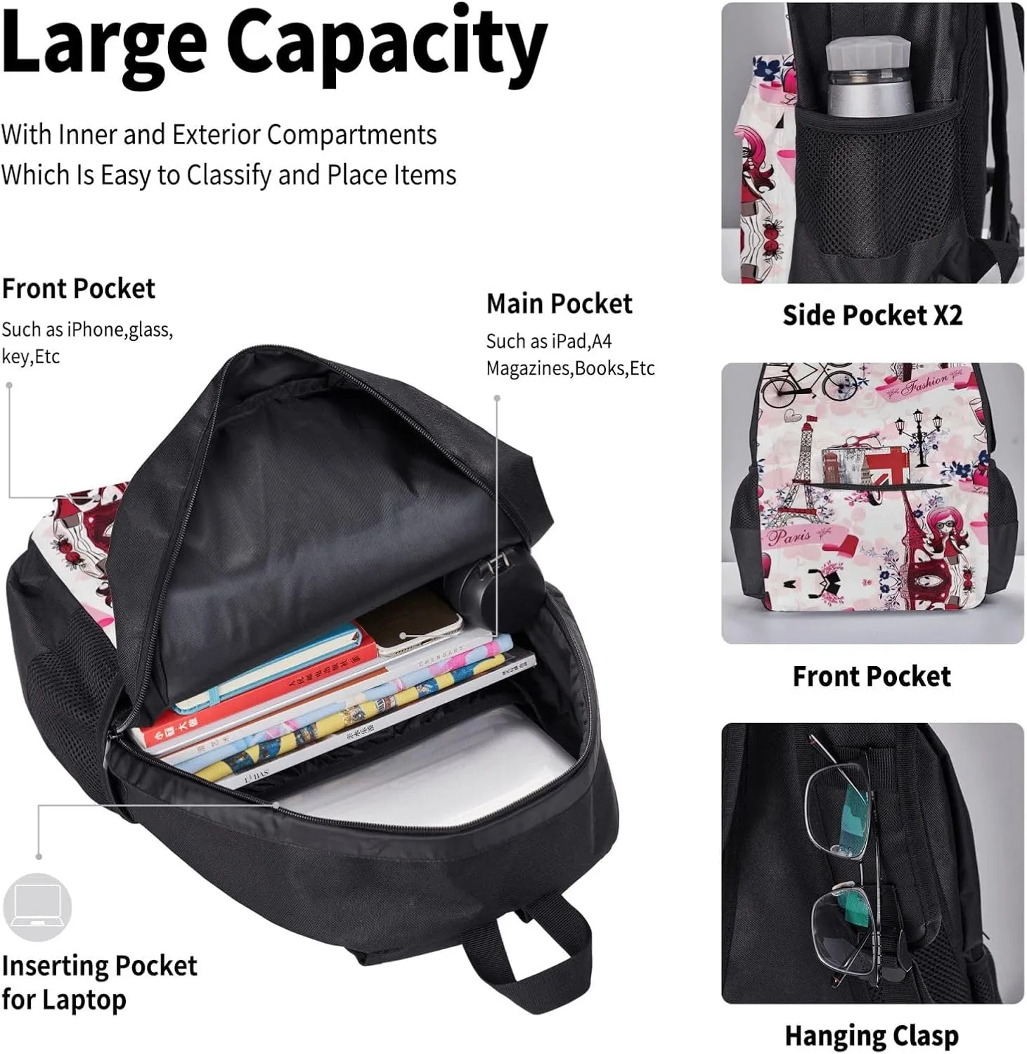 Paris Eiffel Tower France Print 3pcs Casual Backpack With Lunch Box Unisex Adjustable Backpack,Travel Laptop Backpack