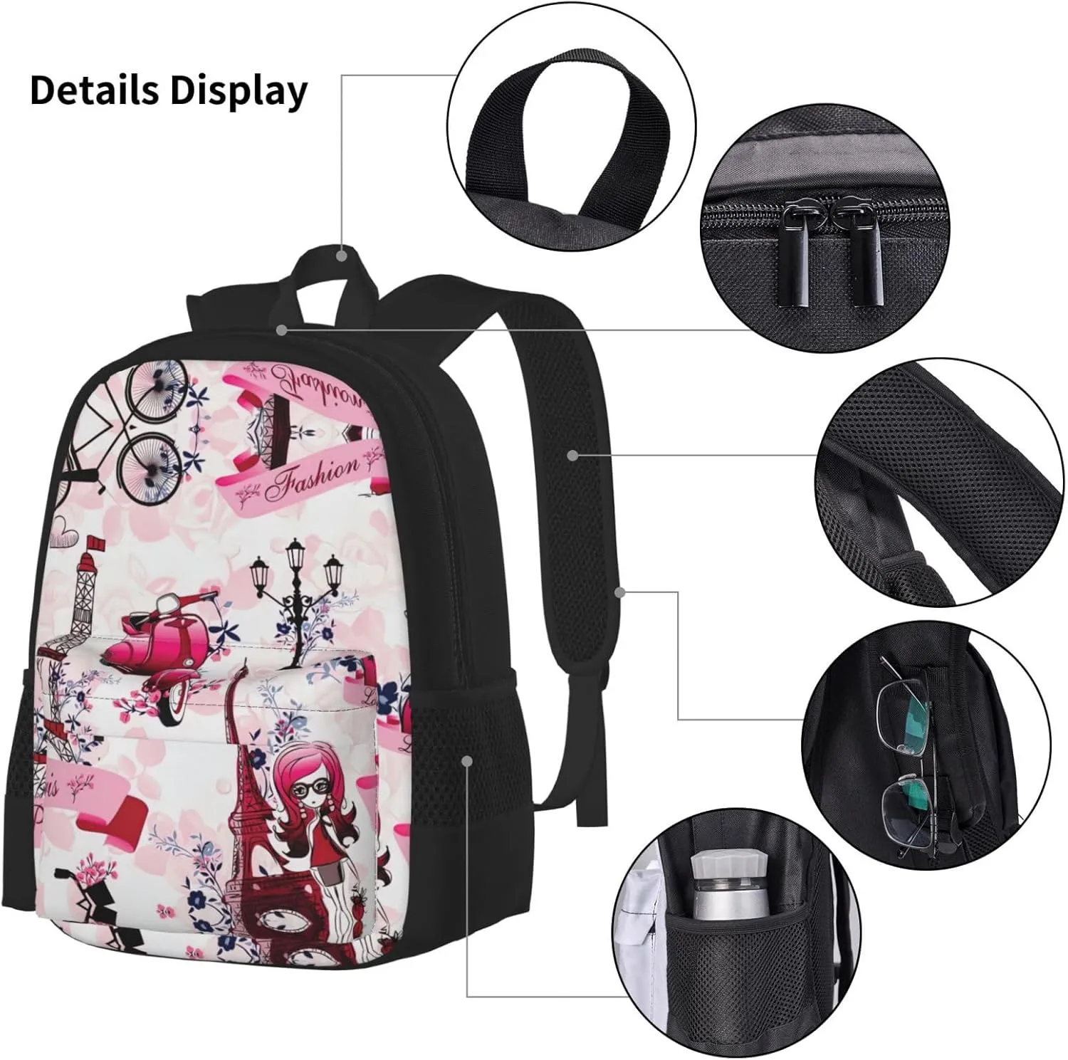 Paris Eiffel Tower France Print 3pcs Casual Backpack With Lunch Box Unisex Adjustable Backpack,Travel Laptop Backpack