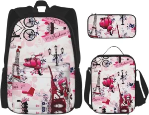 Paris Eiffel Tower France Print 3pcs Casual Backpack With Lunch Box Unisex Adjustable Backpack,Travel Laptop Backpack