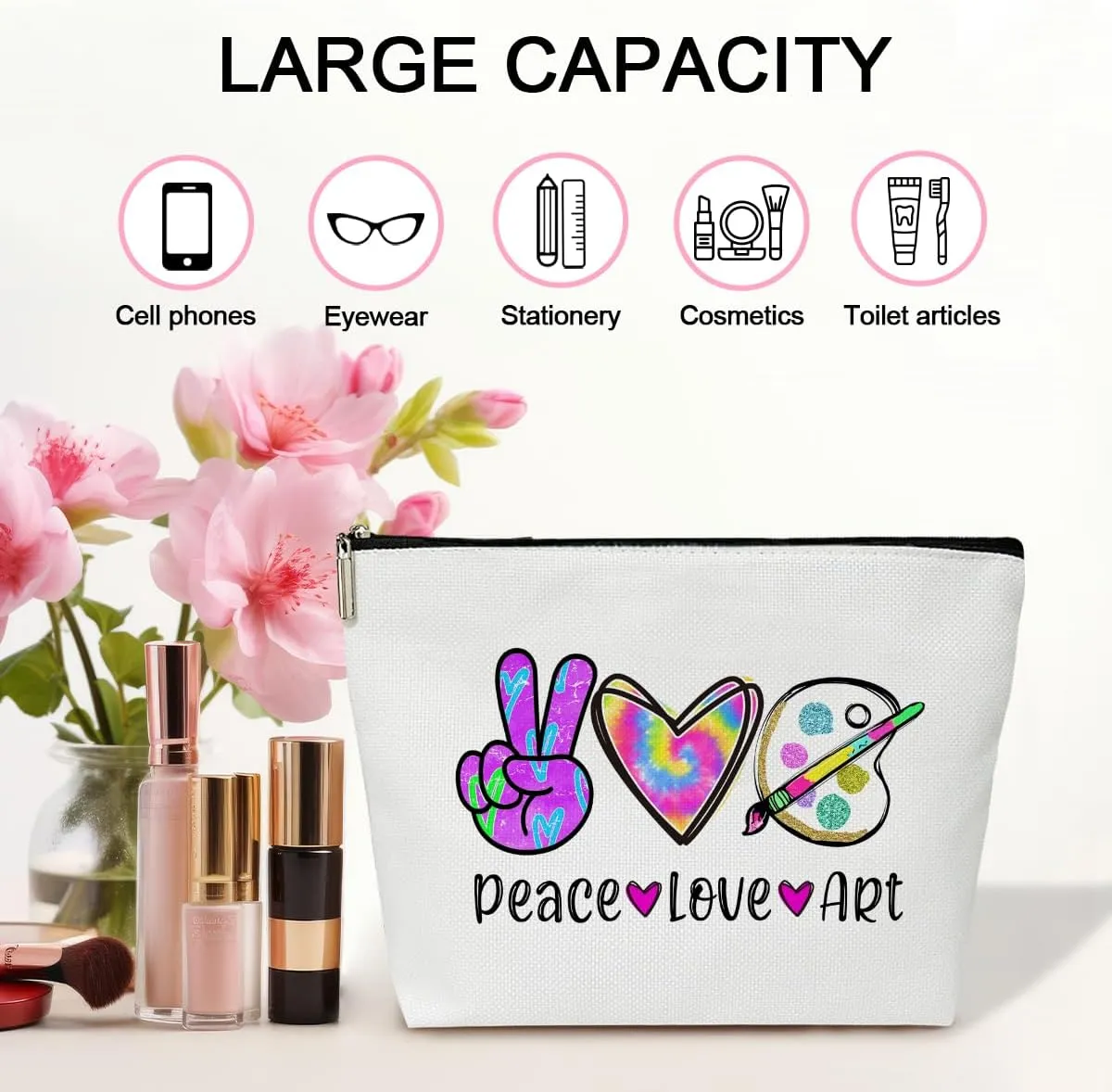 Peace Love Art Supply Bag Cosmetic Bag for Women Canvas Make up Bag with Zipper Art Bags for Supplies Travel Toiletry Bag with Lining Artist Gifts for Artists Women Teachers Painters Friends - M755