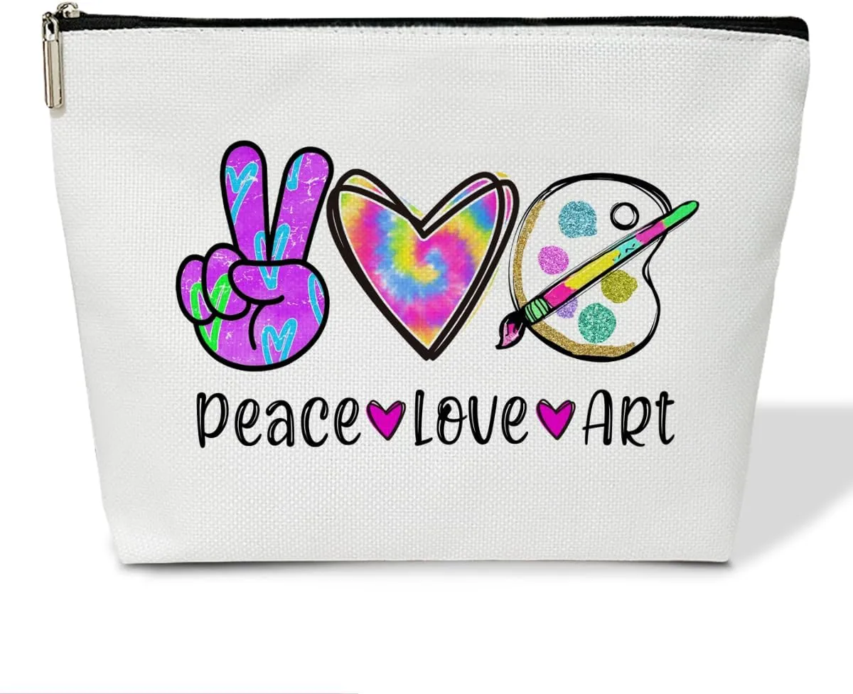 Peace Love Art Supply Bag Cosmetic Bag for Women Canvas Make up Bag with Zipper Art Bags for Supplies Travel Toiletry Bag with Lining Artist Gifts for Artists Women Teachers Painters Friends - M755