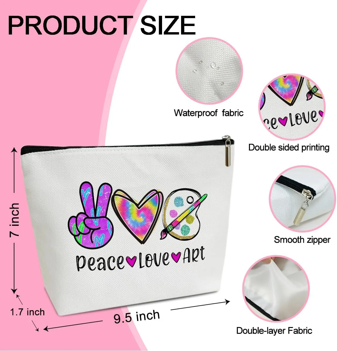 Peace Love Art Supply Bag Cosmetic Bag for Women Canvas Make up Bag with Zipper Art Bags for Supplies Travel Toiletry Bag with Lining Artist Gifts for Artists Women Teachers Painters Friends - M755