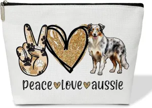 Peace Love Aussie Cosmetic Bag for Women Australian Shepherd Make up Bag with Zipper Travel Toiletry Bag with Lining Dog Mom Makeup Bag Aussies Australian Gifts for Moms & Dads of Shepherd - M754