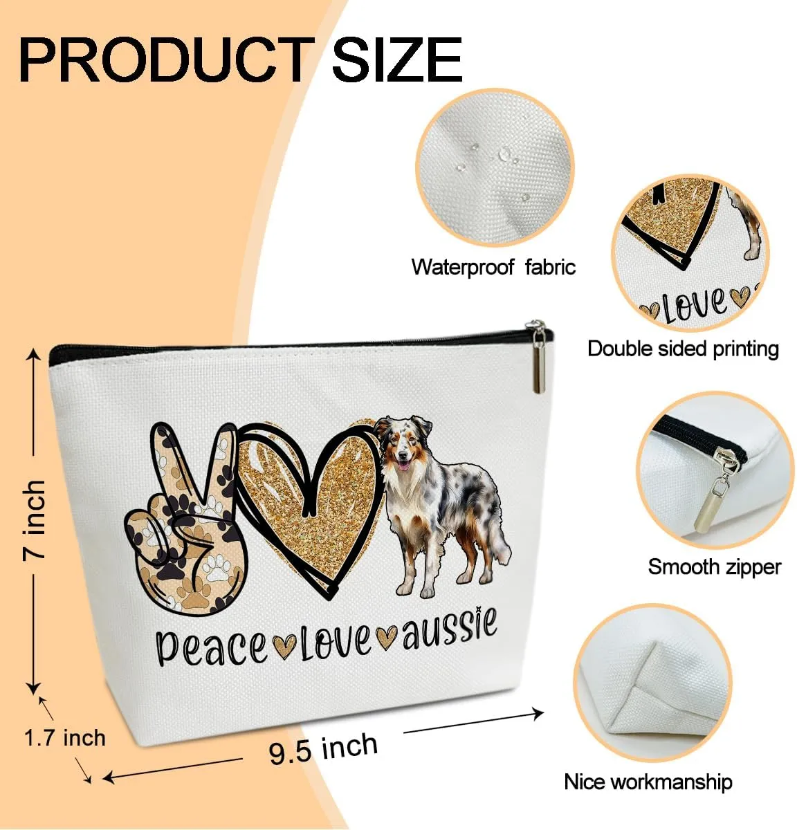 Peace Love Aussie Cosmetic Bag for Women Australian Shepherd Make up Bag with Zipper Travel Toiletry Bag with Lining Dog Mom Makeup Bag Aussies Australian Gifts for Moms & Dads of Shepherd - M754