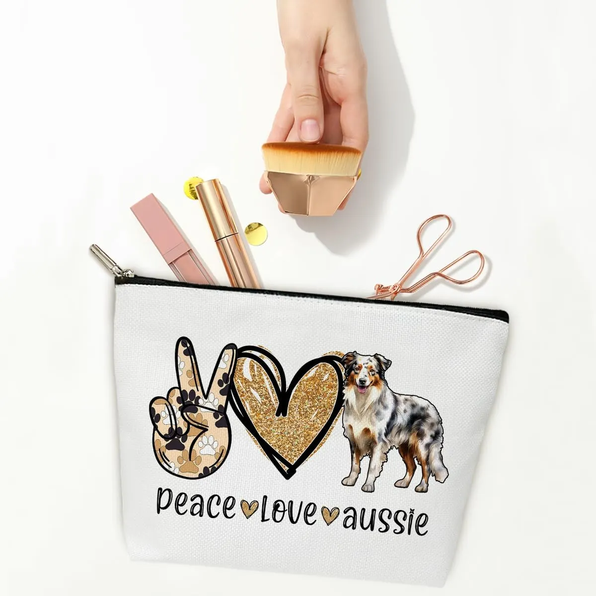 Peace Love Aussie Cosmetic Bag for Women Australian Shepherd Make up Bag with Zipper Travel Toiletry Bag with Lining Dog Mom Makeup Bag Aussies Australian Gifts for Moms & Dads of Shepherd - M754