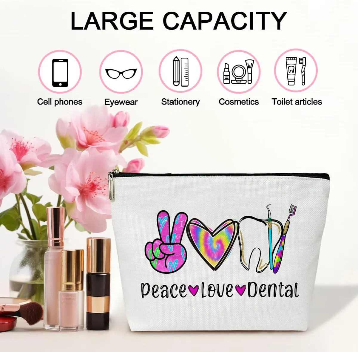 Peace Love Dental Cosmetic Bag Dental Assistant Gifts Canvas Make up Bag with Zipper Travel Toiletry Bag with Lining Multifunction Make up Bags Thank You Gifts for Hygienist - M756