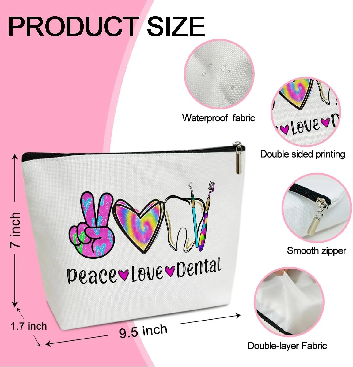 Peace Love Dental Cosmetic Bag Dental Assistant Gifts Canvas Make up Bag with Zipper Travel Toiletry Bag with Lining Multifunction Make up Bags Thank You Gifts for Hygienist - M756