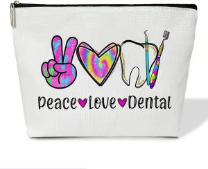 Peace Love Dental Cosmetic Bag Dental Assistant Gifts Canvas Make up Bag with Zipper Travel Toiletry Bag with Lining Multifunction Make up Bags Thank You Gifts for Hygienist - M756