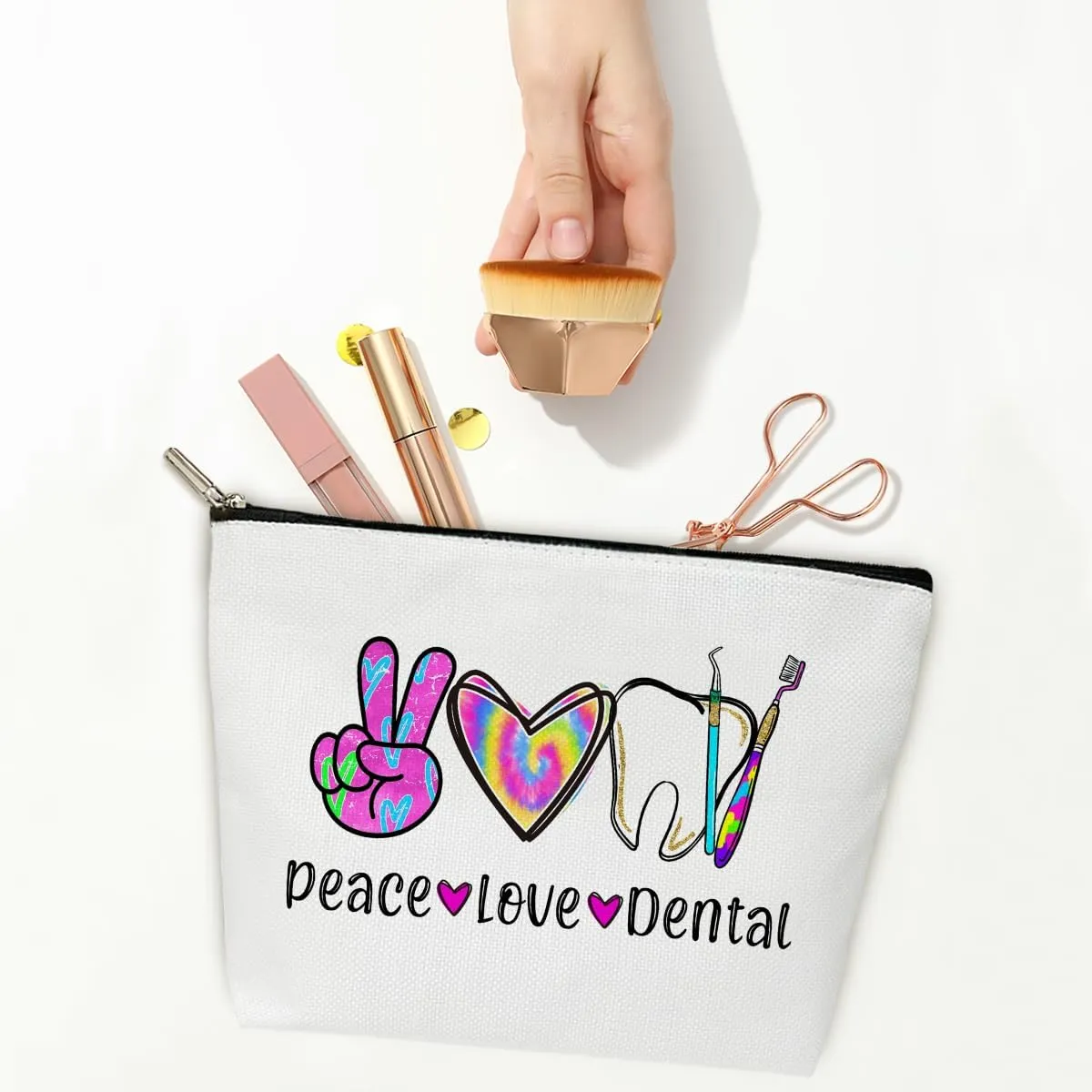 Peace Love Dental Cosmetic Bag Dental Assistant Gifts Canvas Make up Bag with Zipper Travel Toiletry Bag with Lining Multifunction Make up Bags Thank You Gifts for Hygienist - M756