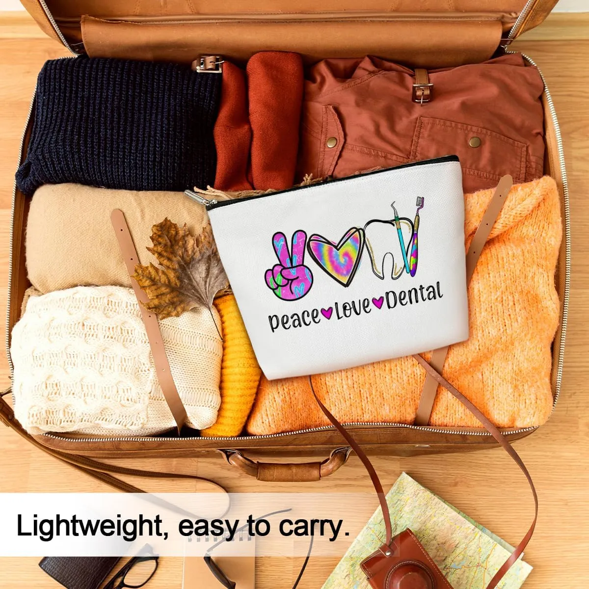 Peace Love Dental Cosmetic Bag Dental Assistant Gifts Canvas Make up Bag with Zipper Travel Toiletry Bag with Lining Multifunction Make up Bags Thank You Gifts for Hygienist - M756