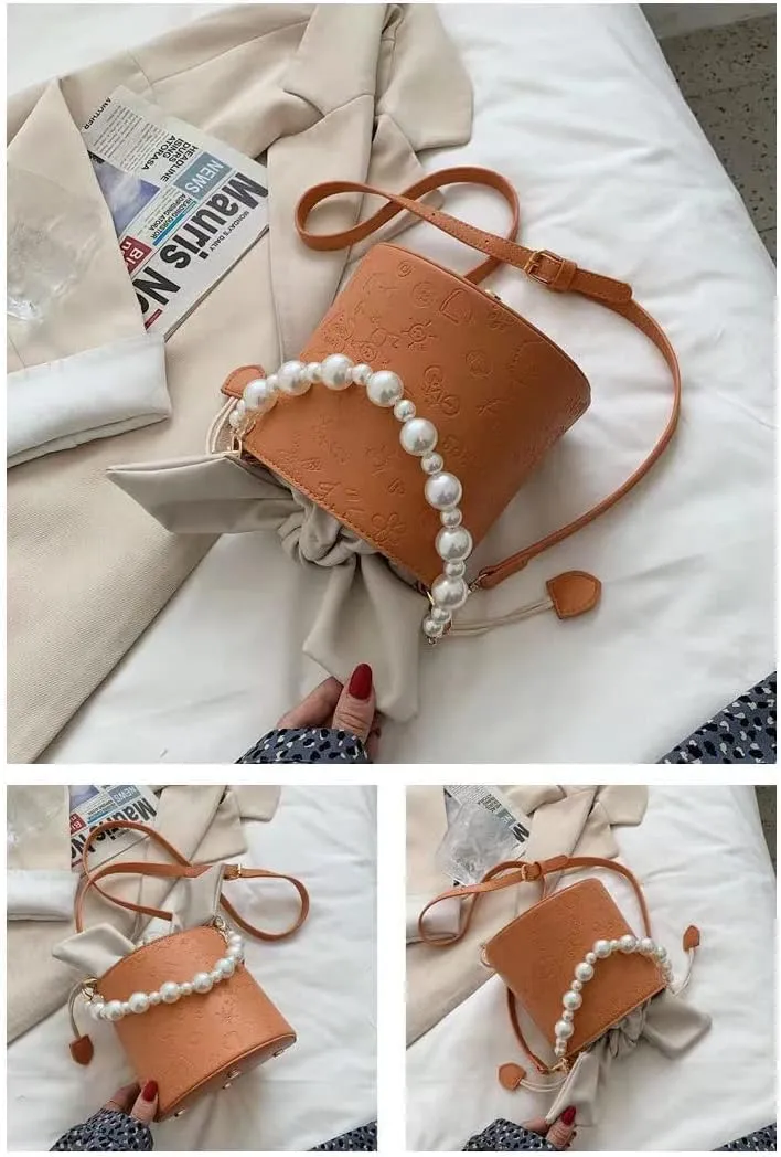 Pearl Chain Purse Clutch Bucket Handbag Women Girl Summer Chic Small Handbag Beach Bag Mini Shoulder Bag Evening Bag (01Orange)