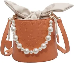 Pearl Chain Purse Clutch Bucket Handbag Women Girl Summer Chic Small Handbag Beach Bag Mini Shoulder Bag Evening Bag (01Orange)