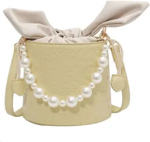 Pearl Chain Purse Clutch Bucket Handbag Women Girl Summer Chic Small Handbag Beach Bag Mini Shoulder Bag Evening Bag (02Yellow)